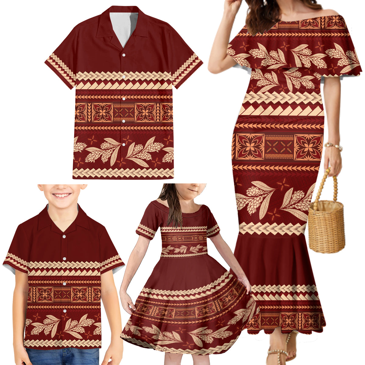 Red Samoa Siapo Teuila Flowers Family Matching Mermaid Dress and Hawaiian Shirt LT14 - Polynesian Pride