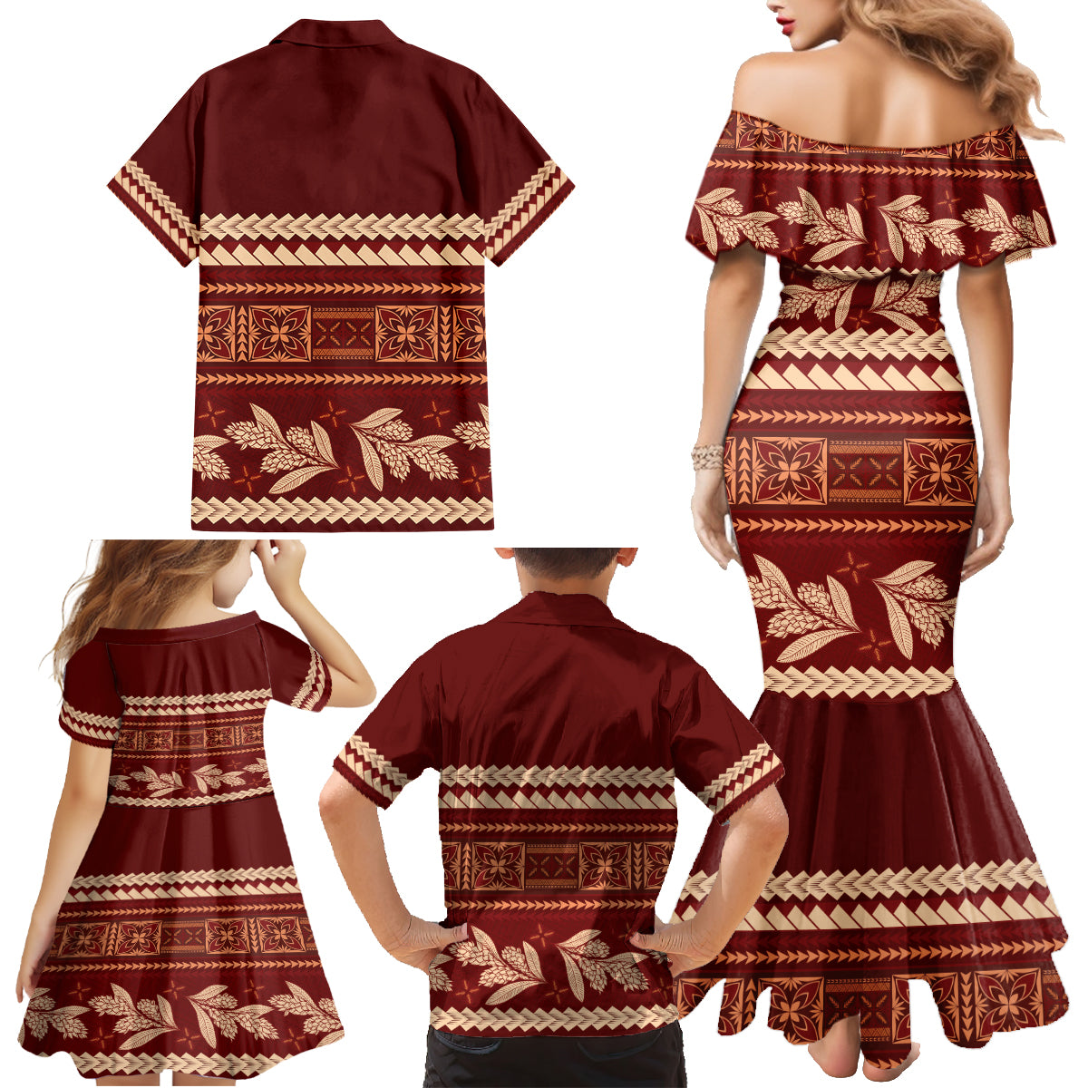 Red Samoa Siapo Teuila Flowers Family Matching Mermaid Dress and Hawaiian Shirt LT14 - Polynesian Pride