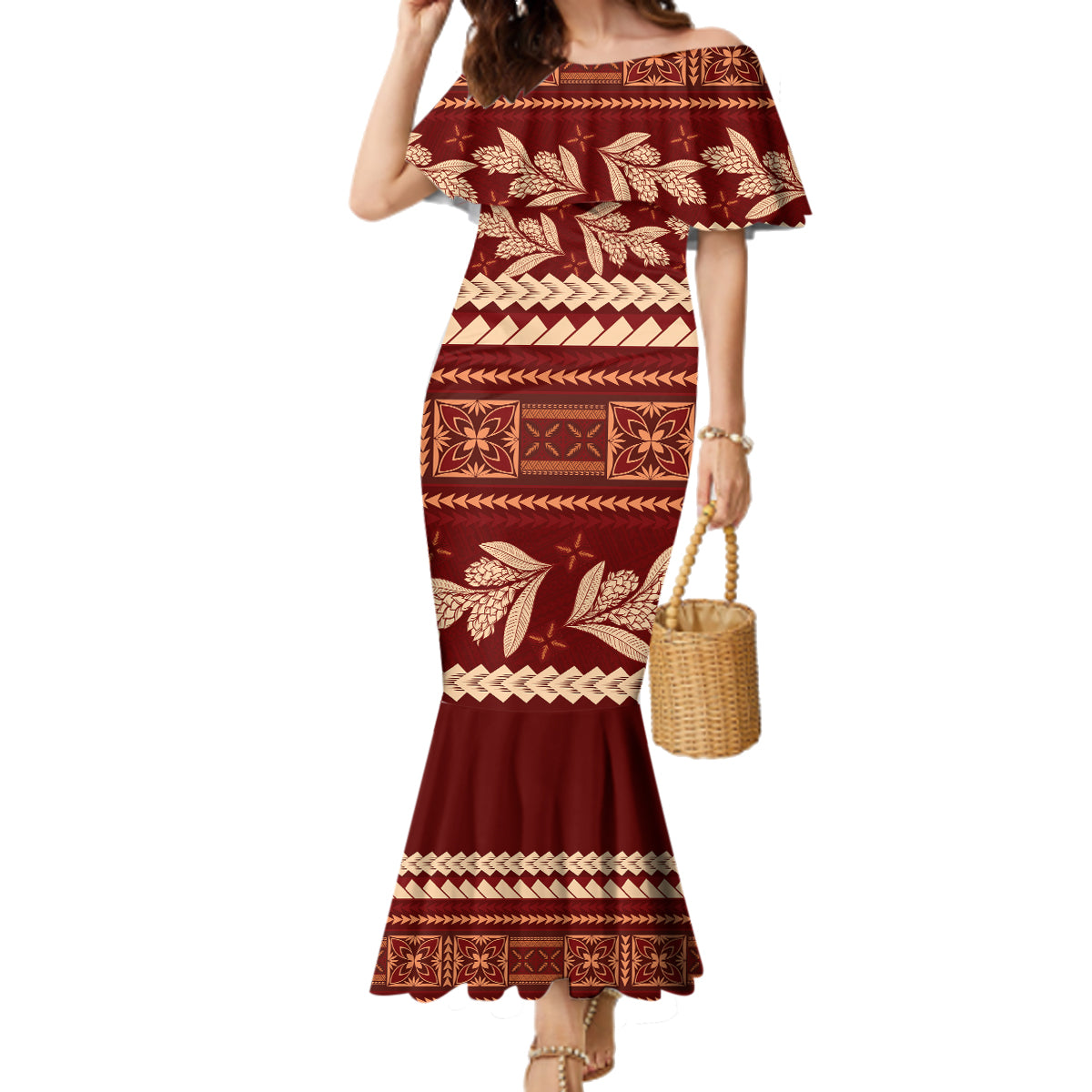 Red Samoa Siapo Teuila Flowers Family Matching Mermaid Dress and Hawaiian Shirt LT14 Mom's Dress Red - Polynesian Pride