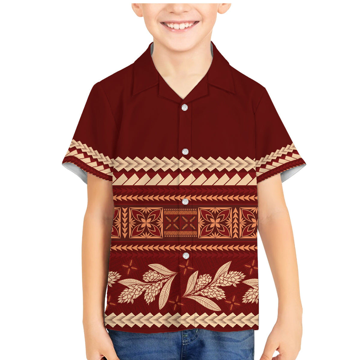 Red Samoa Siapo Teuila Flowers Family Matching Mermaid Dress and Hawaiian Shirt LT14 Son's Shirt Red - Polynesian Pride
