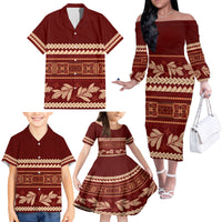 Red Samoa Siapo Teuila Flowers Family Matching Off The Shoulder Long Sleeve Dress and Hawaiian Shirt LT14 - Polynesian Pride