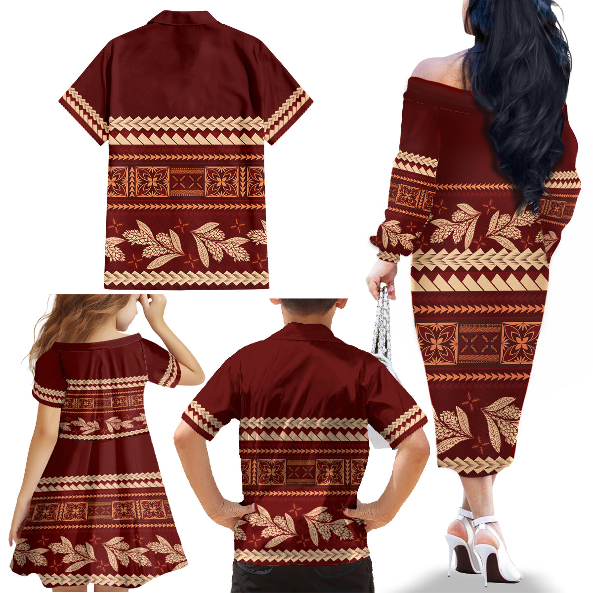 Red Samoa Siapo Teuila Flowers Family Matching Off The Shoulder Long Sleeve Dress and Hawaiian Shirt LT14 - Polynesian Pride