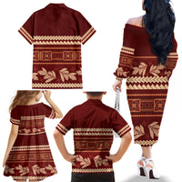 Red Samoa Siapo Teuila Flowers Family Matching Off The Shoulder Long Sleeve Dress and Hawaiian Shirt LT14 - Polynesian Pride