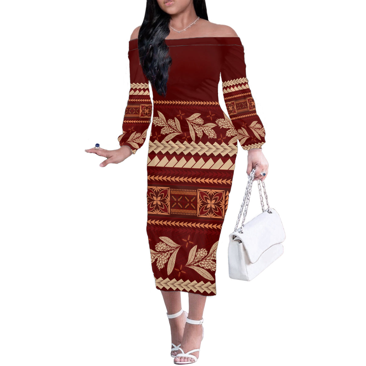 Red Samoa Siapo Teuila Flowers Family Matching Off The Shoulder Long Sleeve Dress and Hawaiian Shirt LT14 Mom's Dress Red - Polynesian Pride