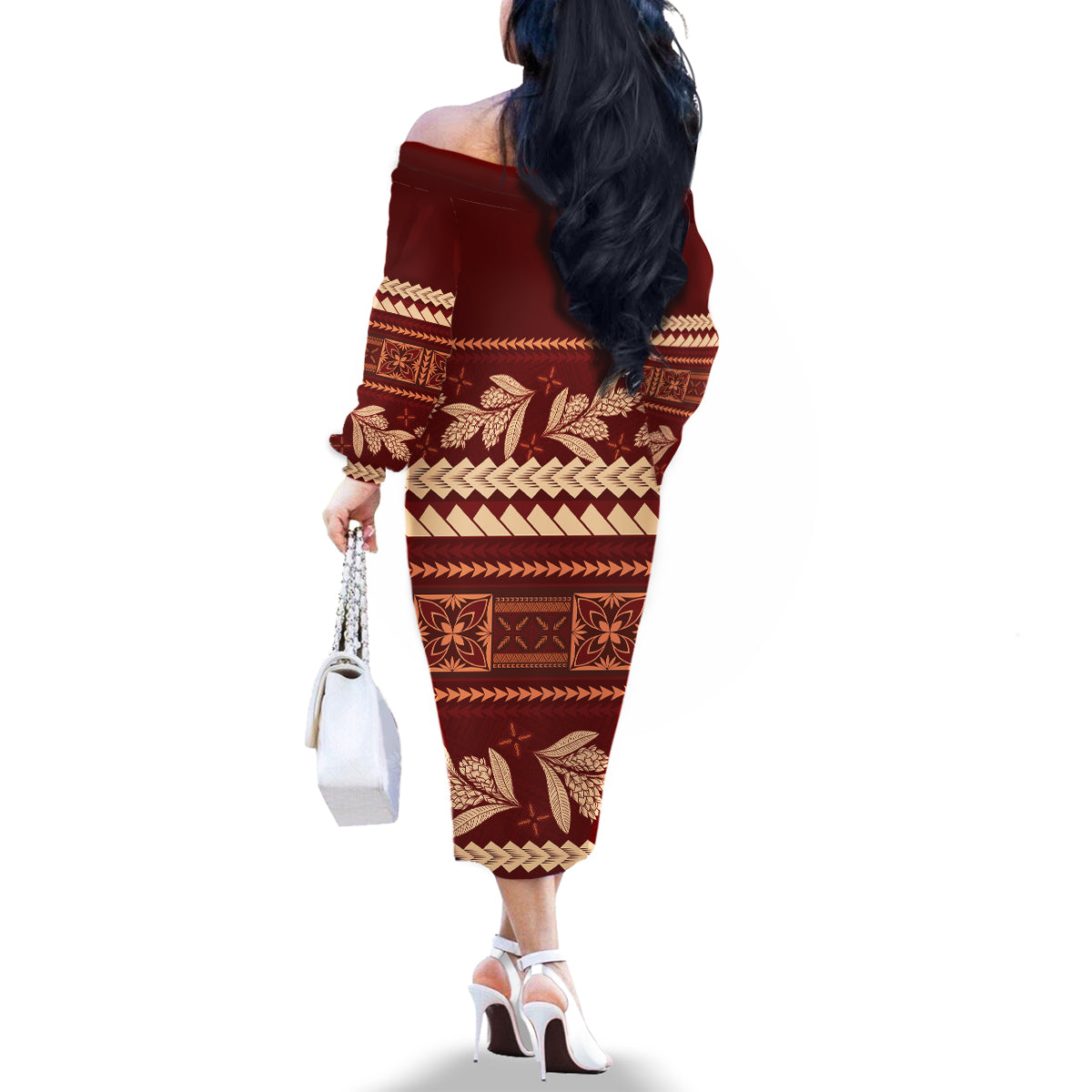 Red Samoa Siapo Teuila Flowers Family Matching Off The Shoulder Long Sleeve Dress and Hawaiian Shirt LT14 - Polynesian Pride