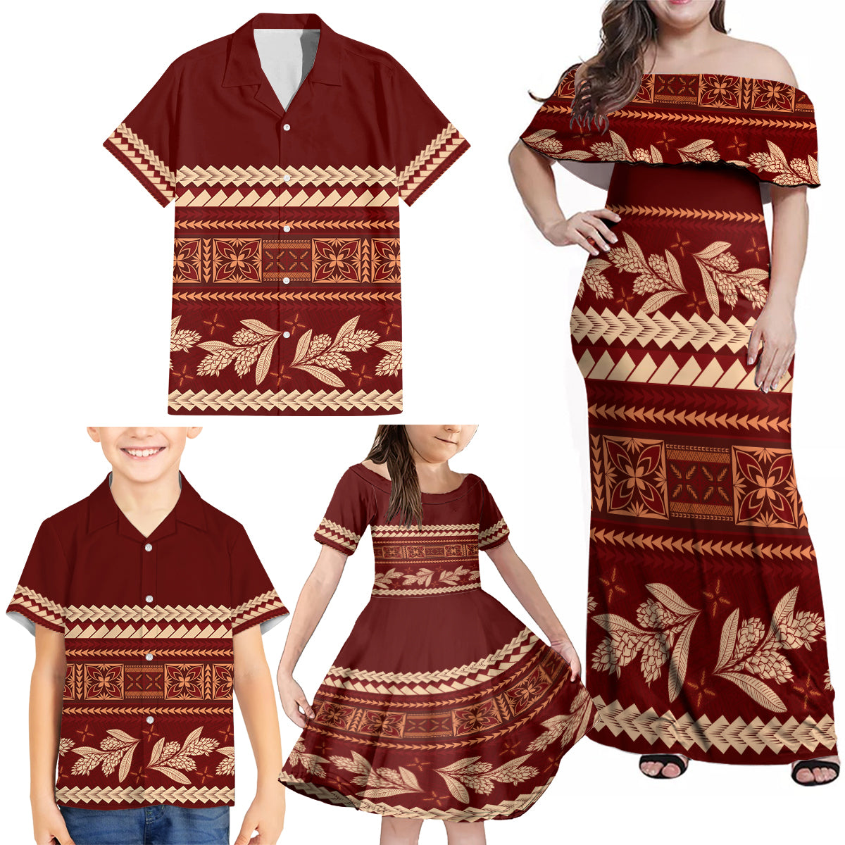 Red Samoa Siapo Teuila Flowers Family Matching Off Shoulder Maxi Dress and Hawaiian Shirt LT14 - Polynesian Pride