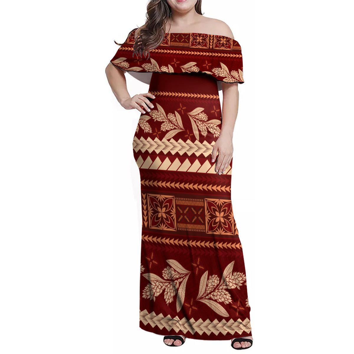 Red Samoa Siapo Teuila Flowers Family Matching Off Shoulder Maxi Dress and Hawaiian Shirt LT14 Mom's Dress Red - Polynesian Pride