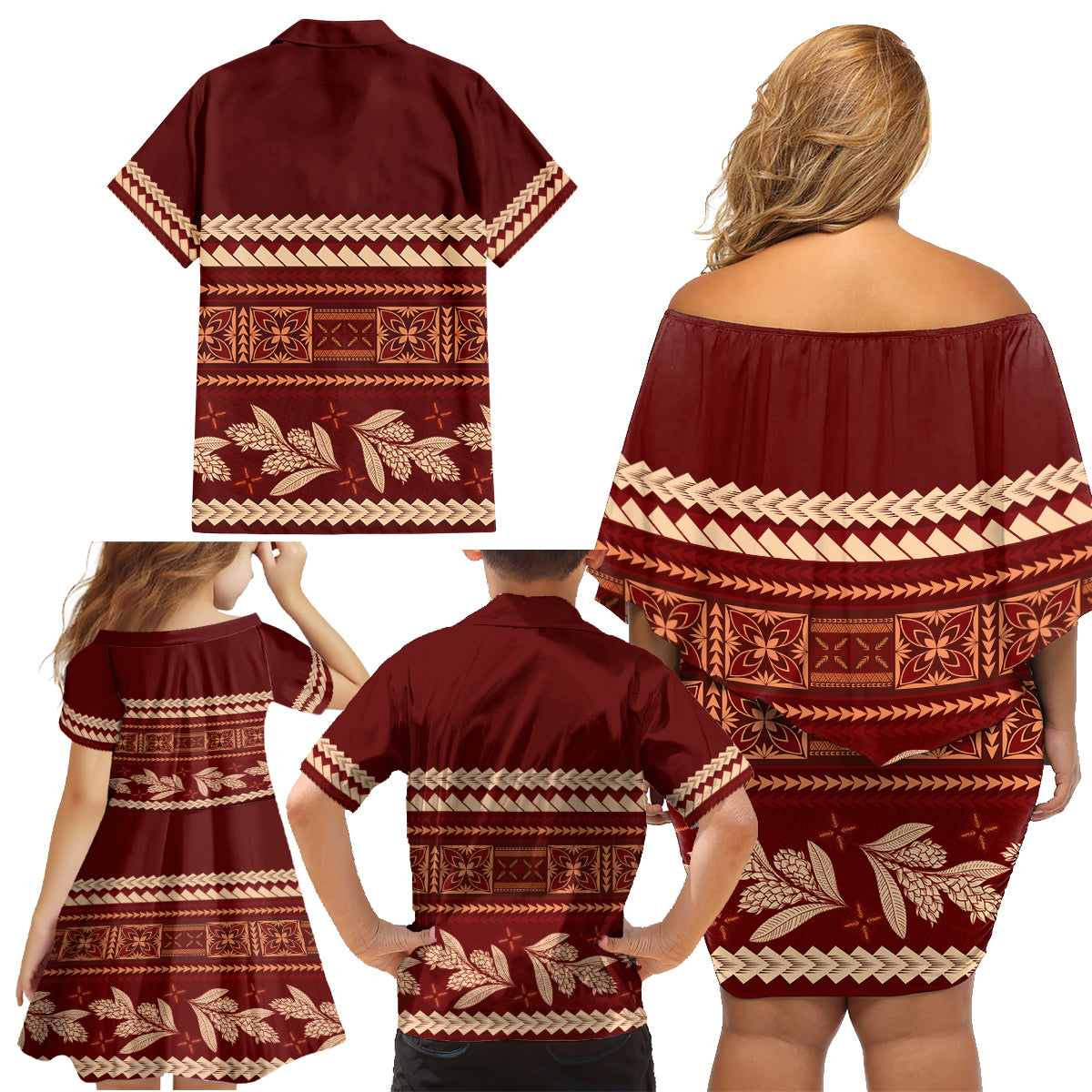 Red Samoa Siapo Teuila Flowers Family Matching Off Shoulder Short Dress and Hawaiian Shirt LT14 - Polynesian Pride