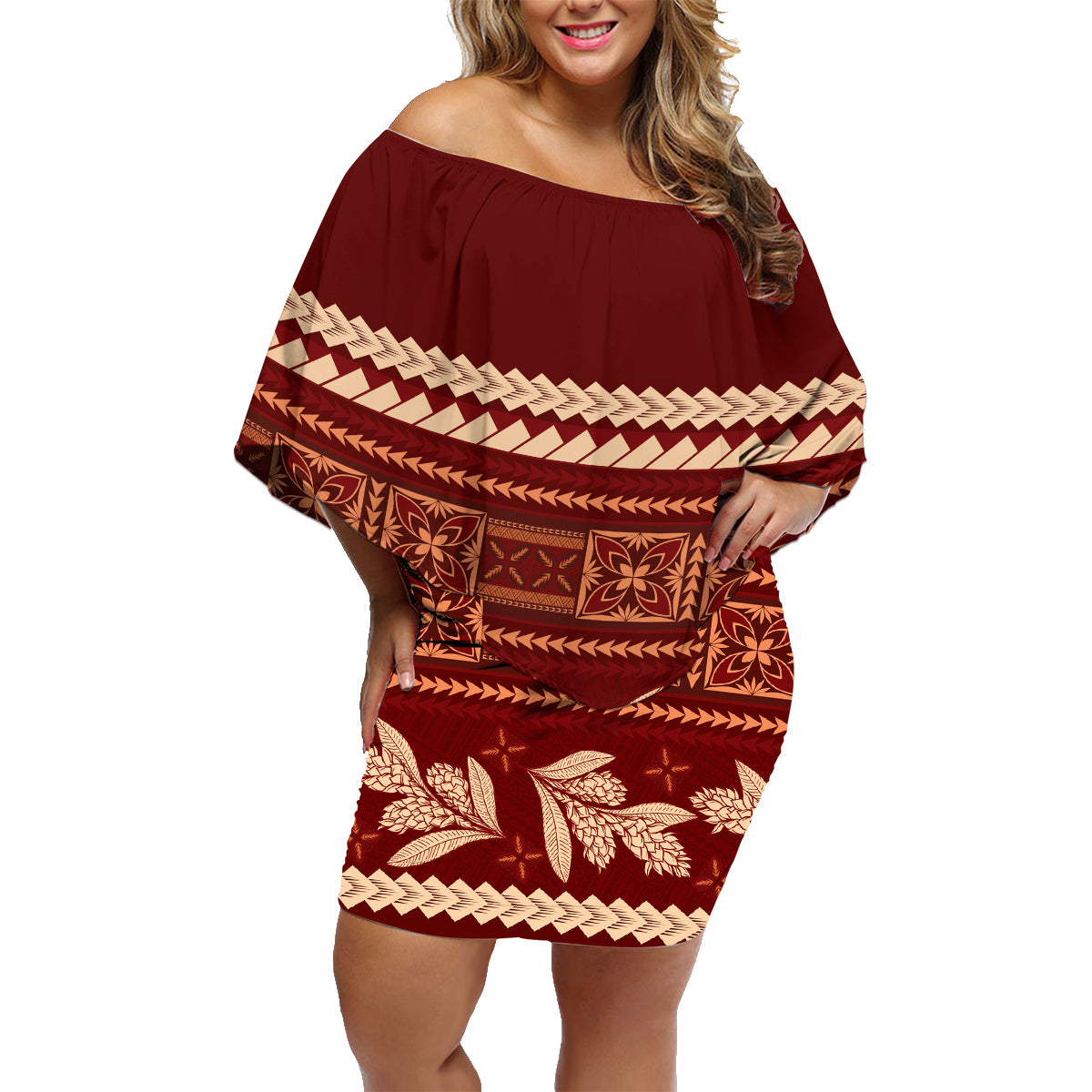 Red Samoa Siapo Teuila Flowers Family Matching Off Shoulder Short Dress and Hawaiian Shirt LT14 Mom's Dress Red - Polynesian Pride