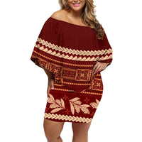 Red Samoa Siapo Teuila Flowers Family Matching Off Shoulder Short Dress and Hawaiian Shirt LT14 Mom's Dress Red - Polynesian Pride