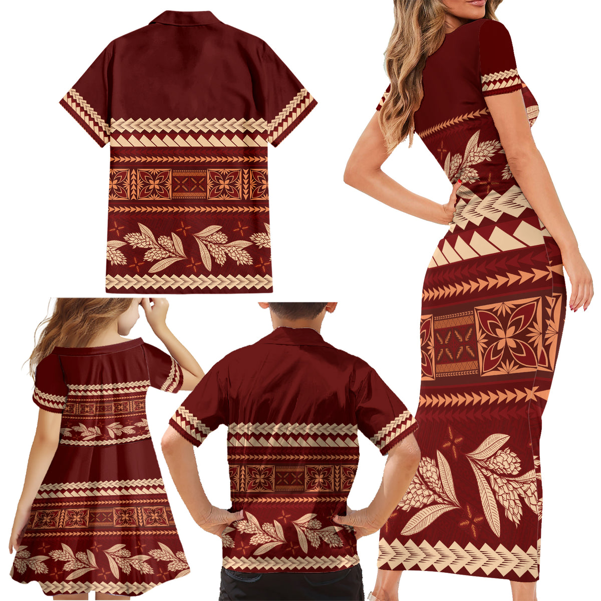 Red Samoa Siapo Teuila Flowers Family Matching Short Sleeve Bodycon Dress and Hawaiian Shirt LT14 - Polynesian Pride