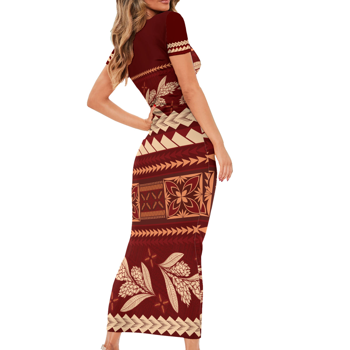 Red Samoa Siapo Teuila Flowers Family Matching Short Sleeve Bodycon Dress and Hawaiian Shirt LT14 - Polynesian Pride