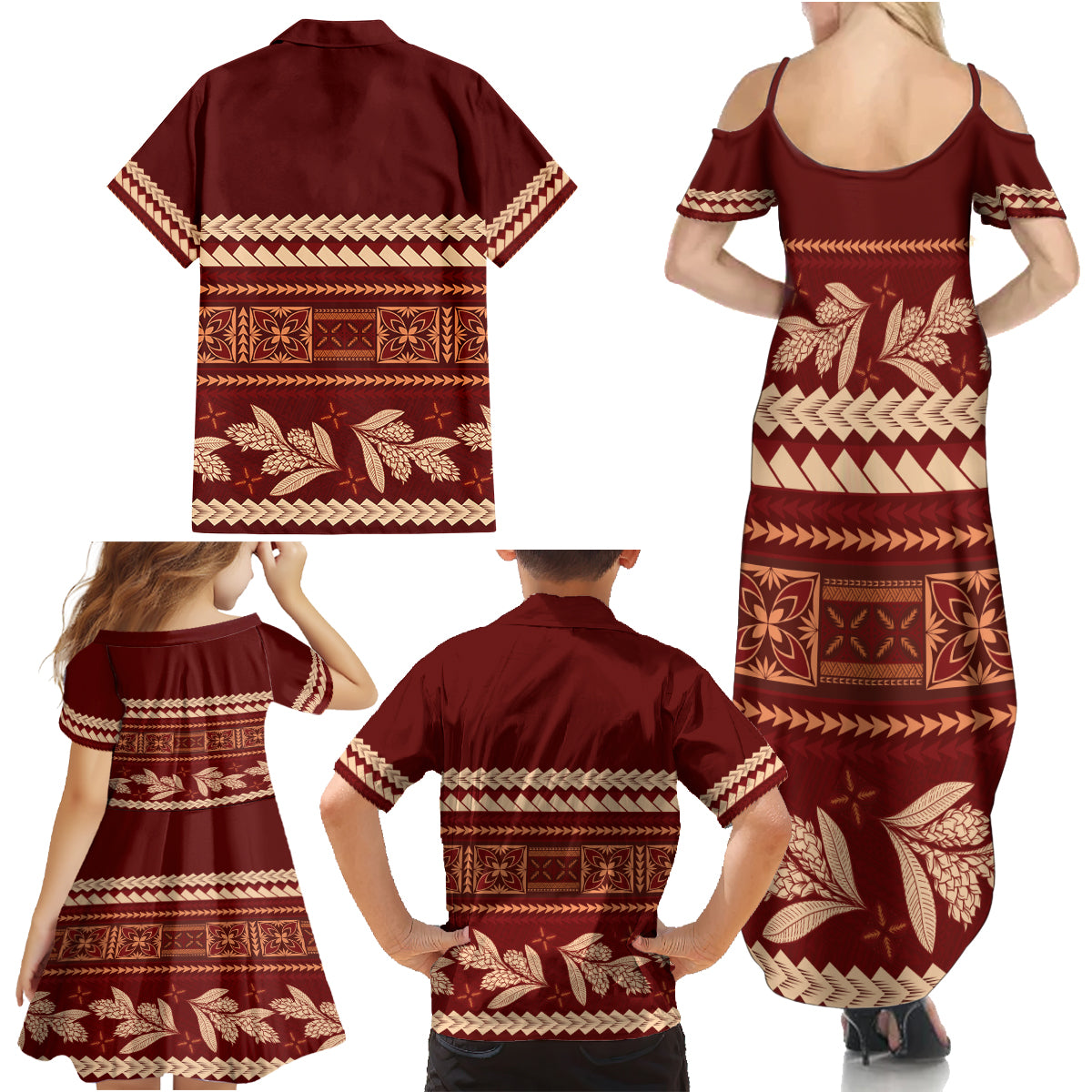 Red Samoa Siapo Teuila Flowers Family Matching Summer Maxi Dress and Hawaiian Shirt LT14 - Polynesian Pride