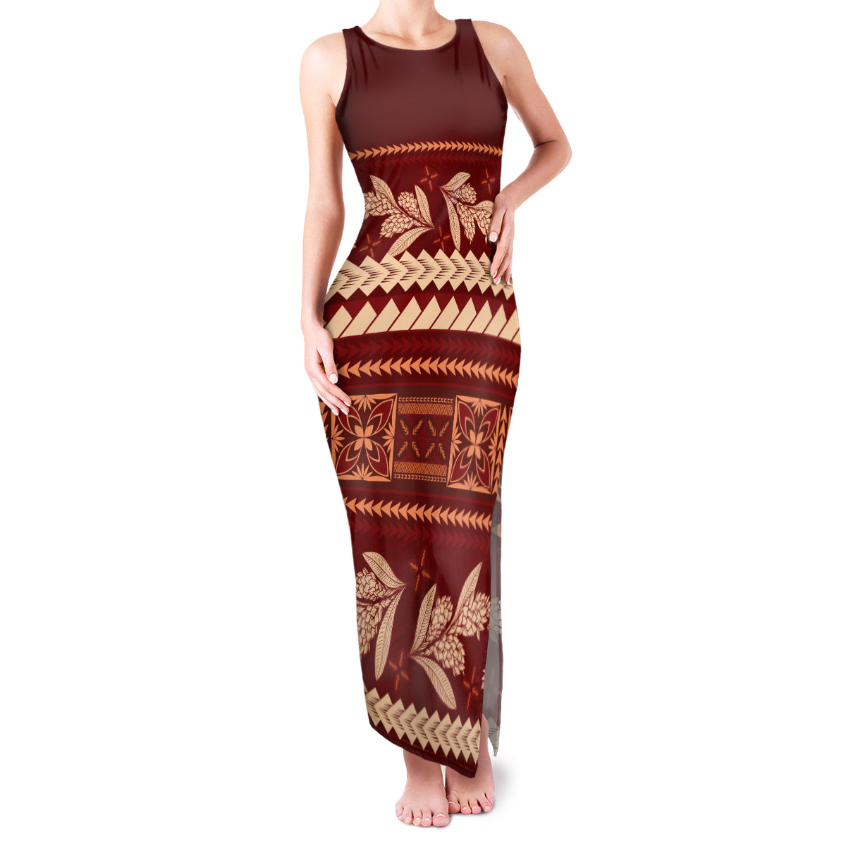 Red Samoa Siapo Teuila Flowers Family Matching Tank Maxi Dress and Hawaiian Shirt LT14 Mom's Dress Red - Polynesian Pride