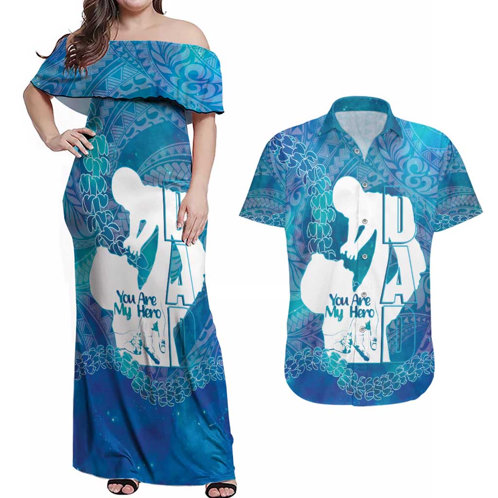 Turquoise Polynesia Father's Day Couples Matching Off Shoulder Maxi Dress and Hawaiian Shirt Dad You Are My Hero LT14 Turquoise - Polynesian Pride