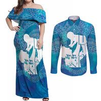 Turquoise Polynesia Father's Day Couples Matching Off Shoulder Maxi Dress and Long Sleeve Button Shirt Dad You Are My Hero