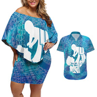 Turquoise Polynesia Father's Day Couples Matching Off Shoulder Short Dress and Hawaiian Shirt Dad You Are My Hero LT14 Turquoise - Polynesian Pride