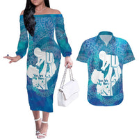 Turquoise Polynesia Father's Day Couples Matching Off The Shoulder Long Sleeve Dress and Hawaiian Shirt Dad You Are My Hero LT14 Turquoise - Polynesian Pride
