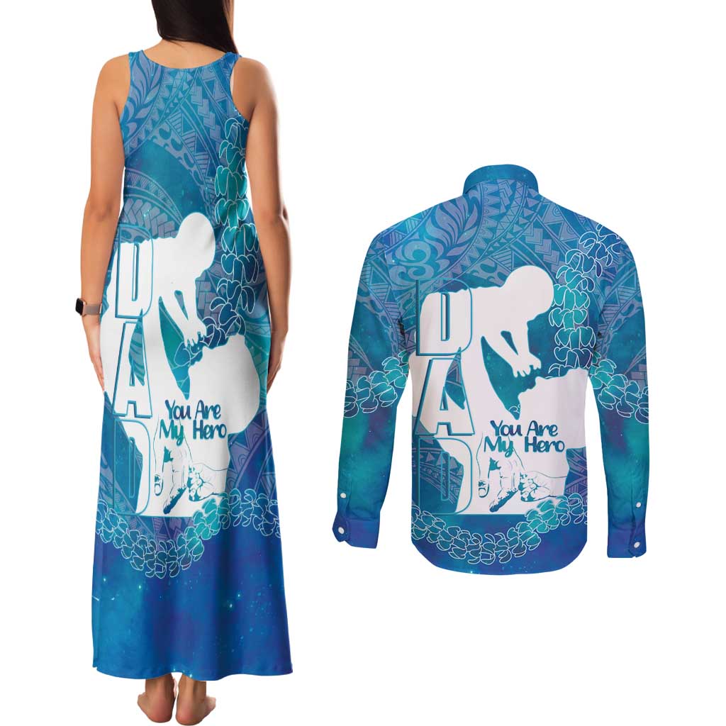 Turquoise Polynesia Father's Day Couples Matching Tank Maxi Dress and Long Sleeve Button Shirt Dad You Are My Hero