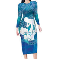Turquoise Polynesia Father's Day Family Matching Long Sleeve Bodycon Dress and Hawaiian Shirt Dad You Are My Hero LT14 Mom's Dress Turquoise - Polynesian Pride
