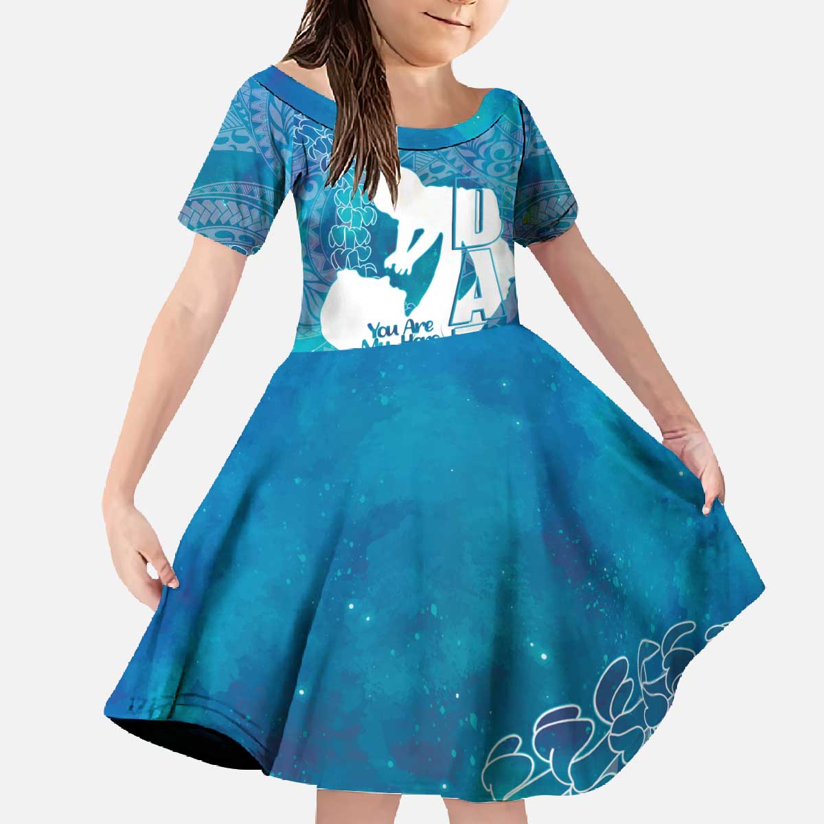 Turquoise Polynesia Father's Day Family Matching Off The Shoulder Long Sleeve Dress and Hawaiian Shirt Dad You Are My Hero LT14 Daughter's Dress Turquoise - Polynesian Pride
