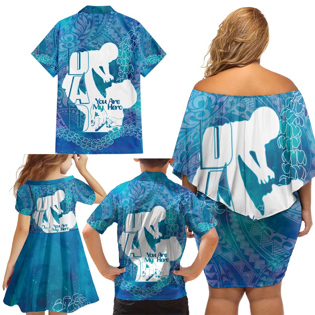 Turquoise Polynesia Father's Day Family Matching Off Shoulder Short Dress and Hawaiian Shirt Dad You Are My Hero LT14 - Polynesian Pride