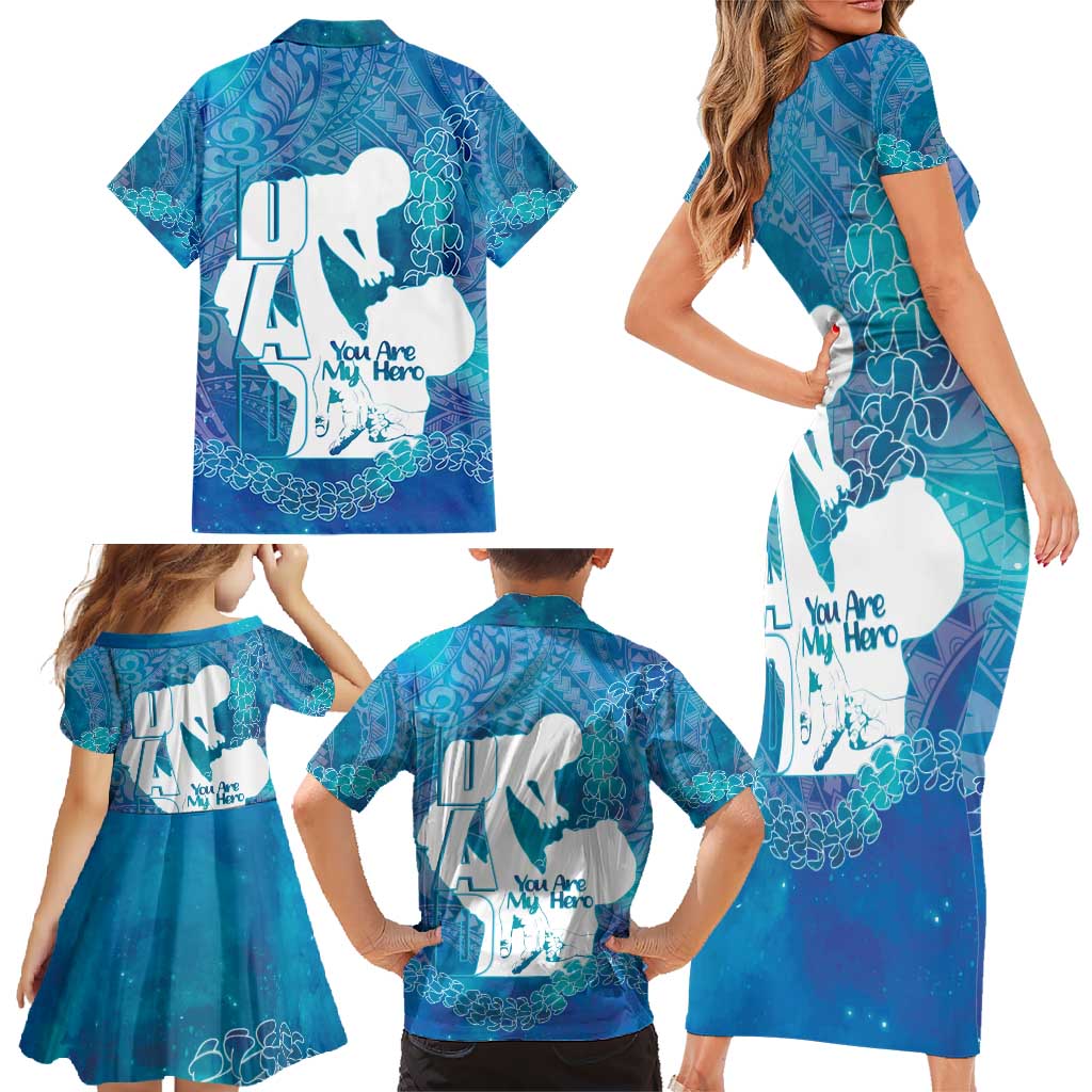 Turquoise Polynesia Father's Day Family Matching Short Sleeve Bodycon Dress and Hawaiian Shirt Dad You Are My Hero LT14 - Polynesian Pride