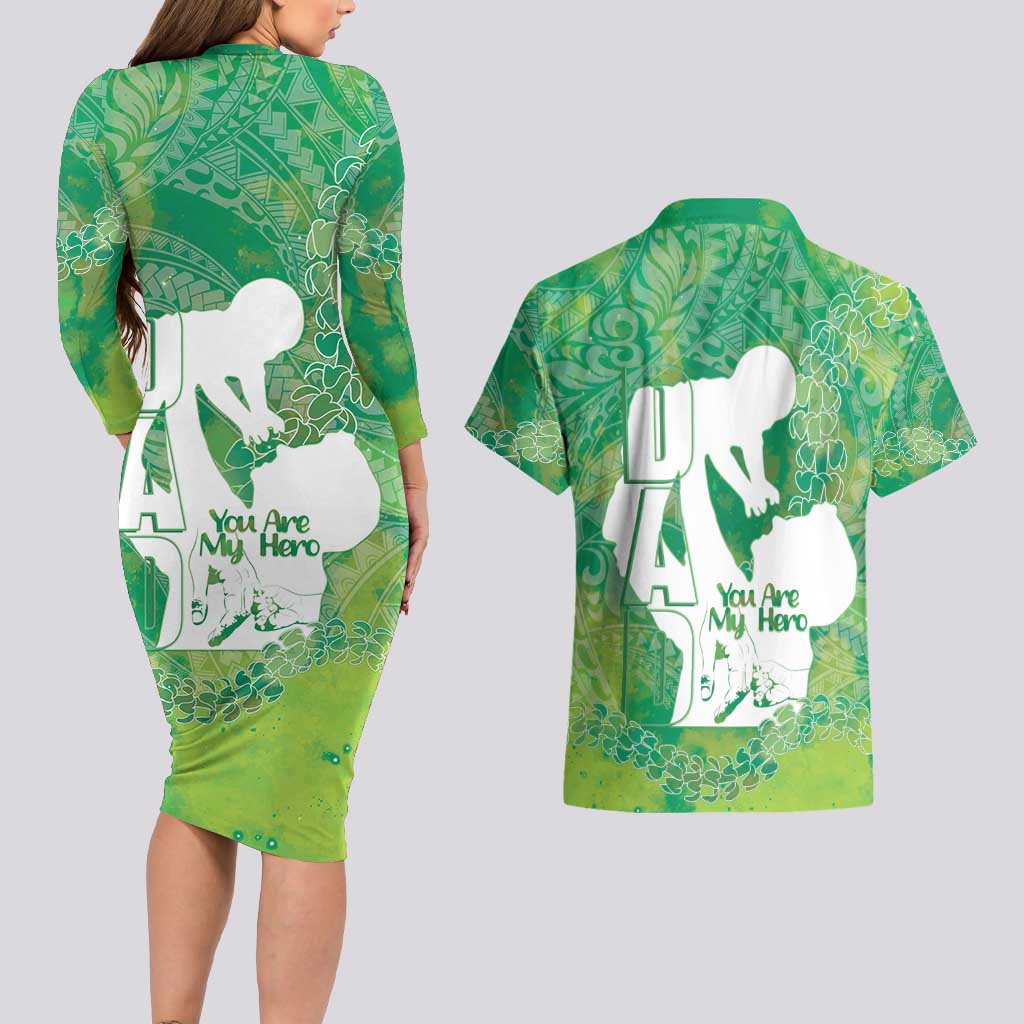 Green Polynesia Father's Day Couples Matching Long Sleeve Bodycon Dress and Hawaiian Shirt Dad You Are My Hero LT14 - Polynesian Pride