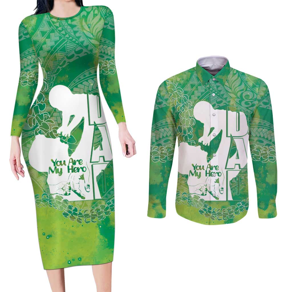Green Polynesia Father's Day Couples Matching Long Sleeve Bodycon Dress and Long Sleeve Button Shirt Dad You Are My Hero LT14 Green - Polynesian Pride
