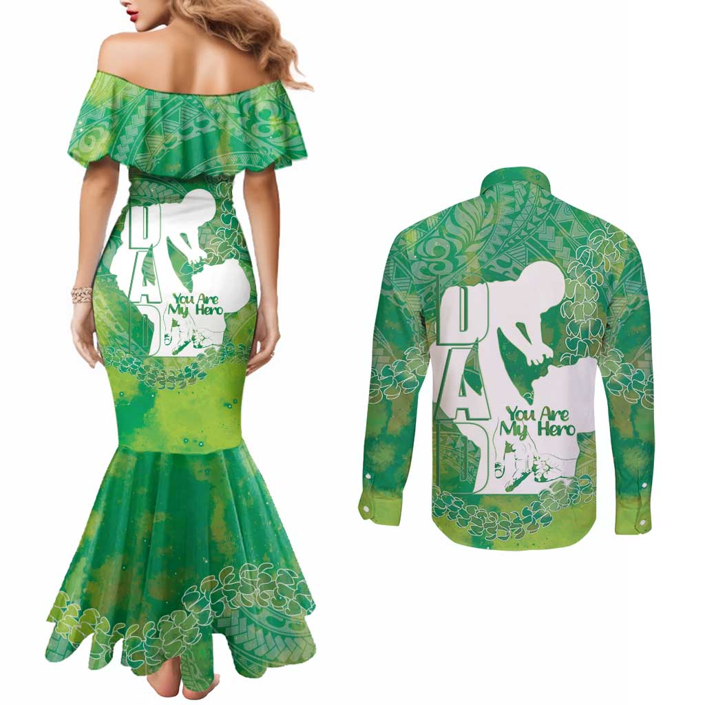 Green Polynesia Father's Day Couples Matching Mermaid Dress and Long Sleeve Button Shirt Dad You Are My Hero LT14 - Polynesian Pride