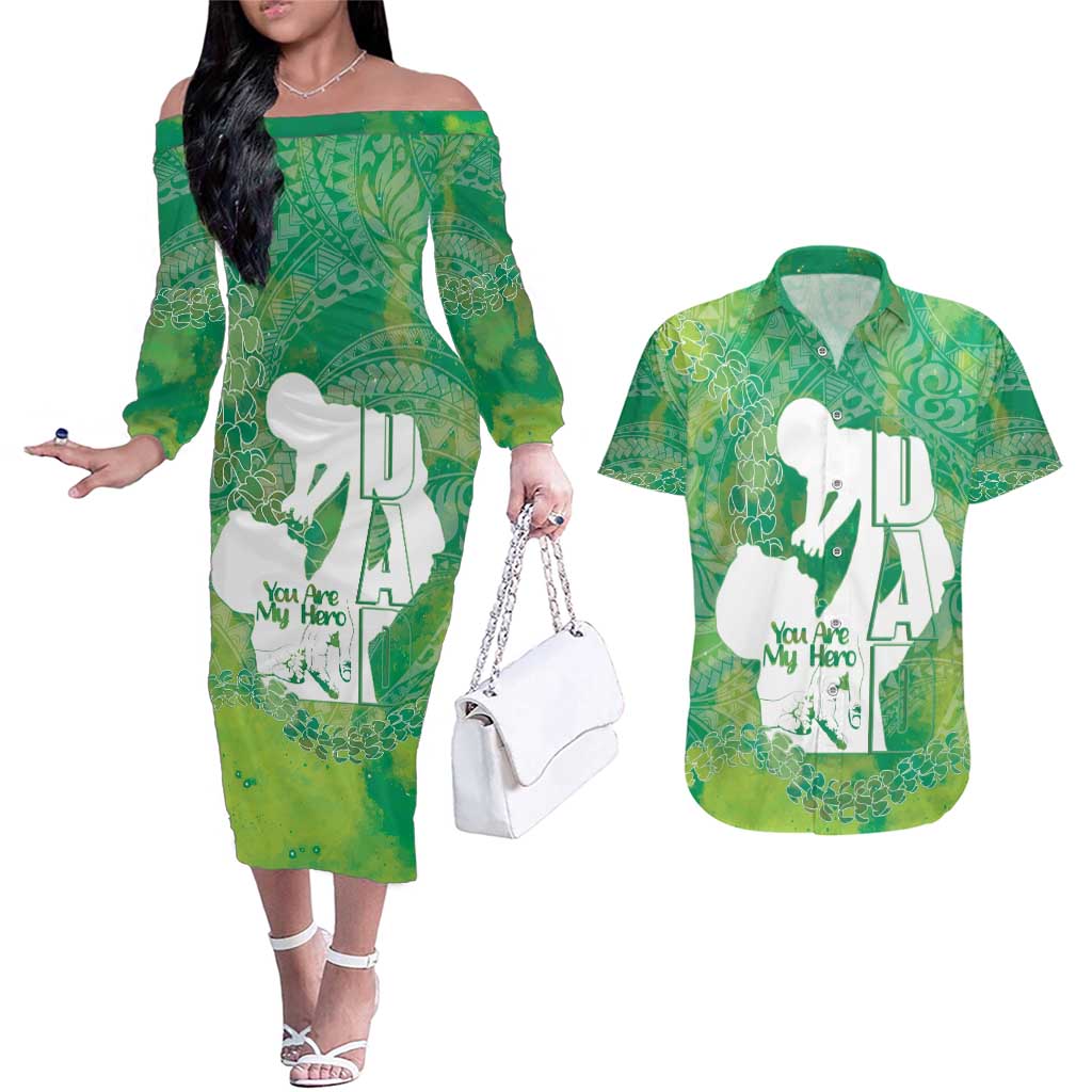 Green Polynesia Father's Day Couples Matching Off The Shoulder Long Sleeve Dress and Hawaiian Shirt Dad You Are My Hero