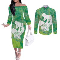 Green Polynesia Father's Day Couples Matching Off The Shoulder Long Sleeve Dress and Long Sleeve Button Shirt Dad You Are My Hero LT14 Green - Polynesian Pride