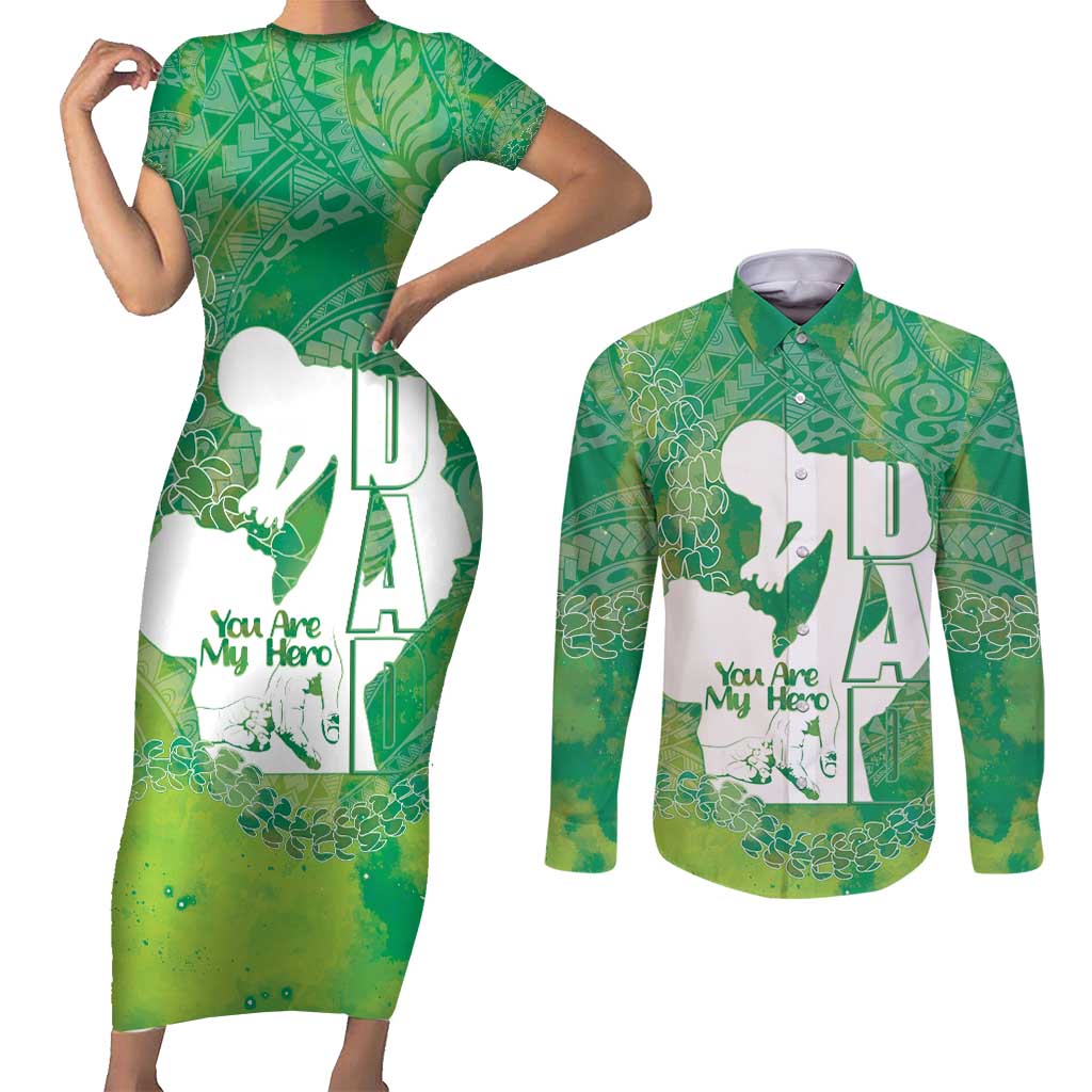 Green Polynesia Father's Day Couples Matching Short Sleeve Bodycon Dress and Long Sleeve Button Shirt Dad You Are My Hero