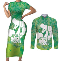 Green Polynesia Father's Day Couples Matching Short Sleeve Bodycon Dress and Long Sleeve Button Shirt Dad You Are My Hero LT14 Green - Polynesian Pride