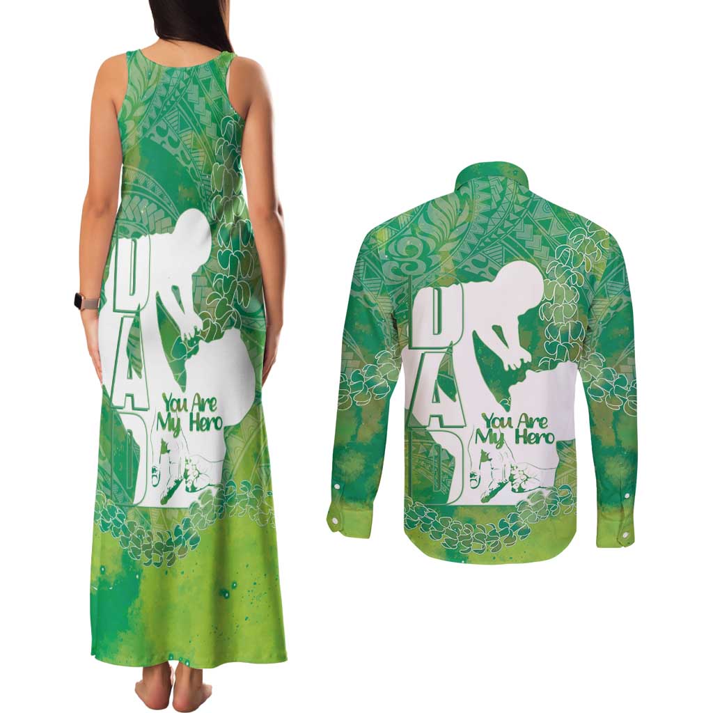 Green Polynesia Father's Day Couples Matching Tank Maxi Dress and Long Sleeve Button Shirt Dad You Are My Hero LT14 - Polynesian Pride