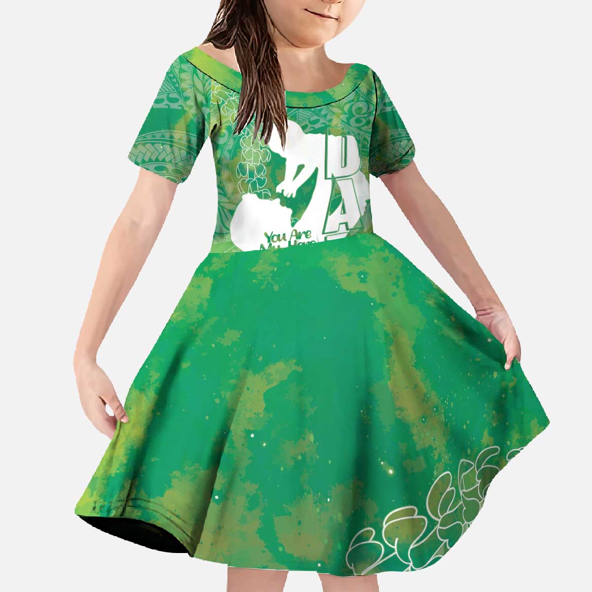 Green Polynesia Father's Day Family Matching Off The Shoulder Long Sleeve Dress and Hawaiian Shirt Dad You Are My Hero LT14 Daughter's Dress Green - Polynesian Pride