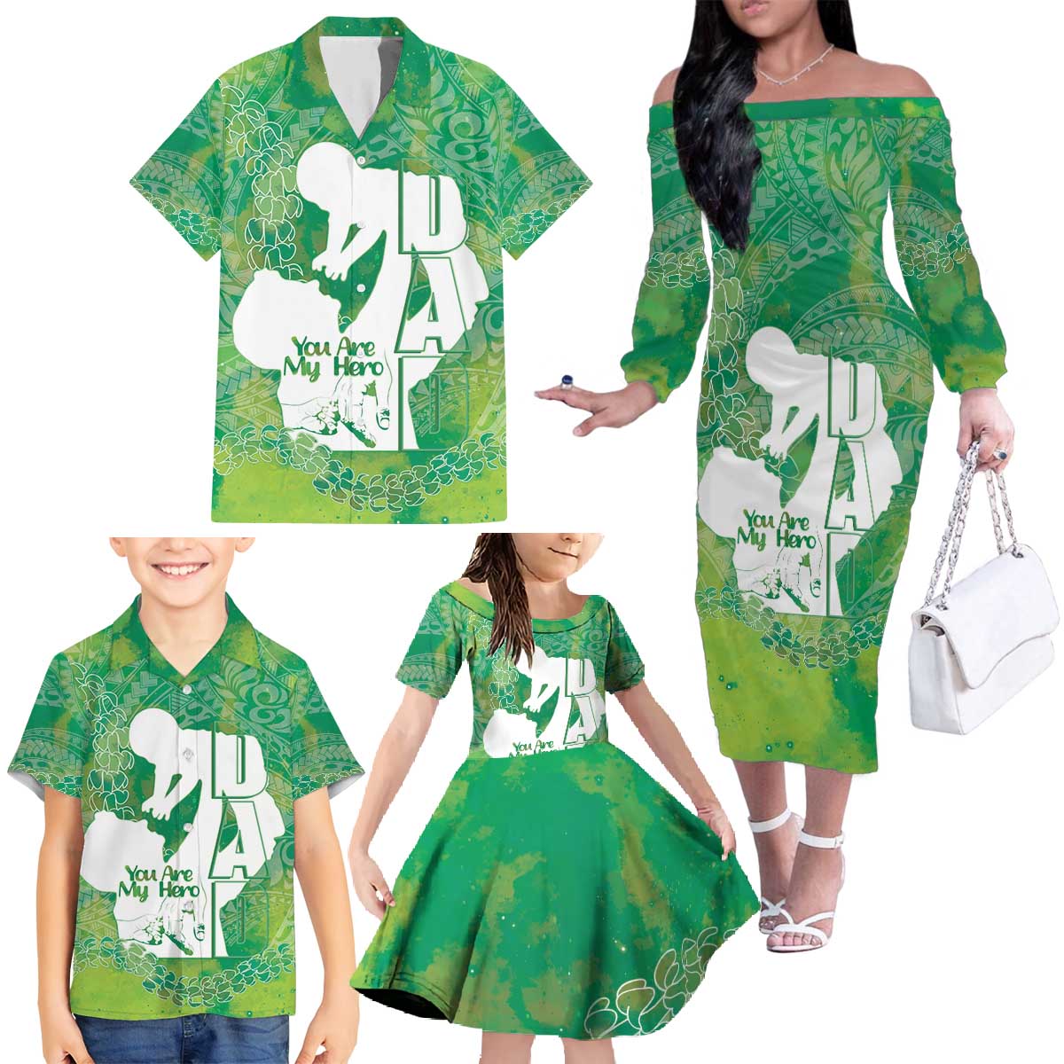 Green Polynesia Father's Day Family Matching Off The Shoulder Long Sleeve Dress and Hawaiian Shirt Dad You Are My Hero LT14 - Polynesian Pride