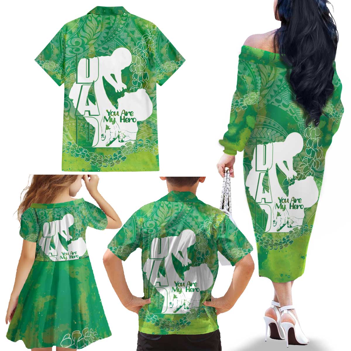 Green Polynesia Father's Day Family Matching Off The Shoulder Long Sleeve Dress and Hawaiian Shirt Dad You Are My Hero LT14 - Polynesian Pride