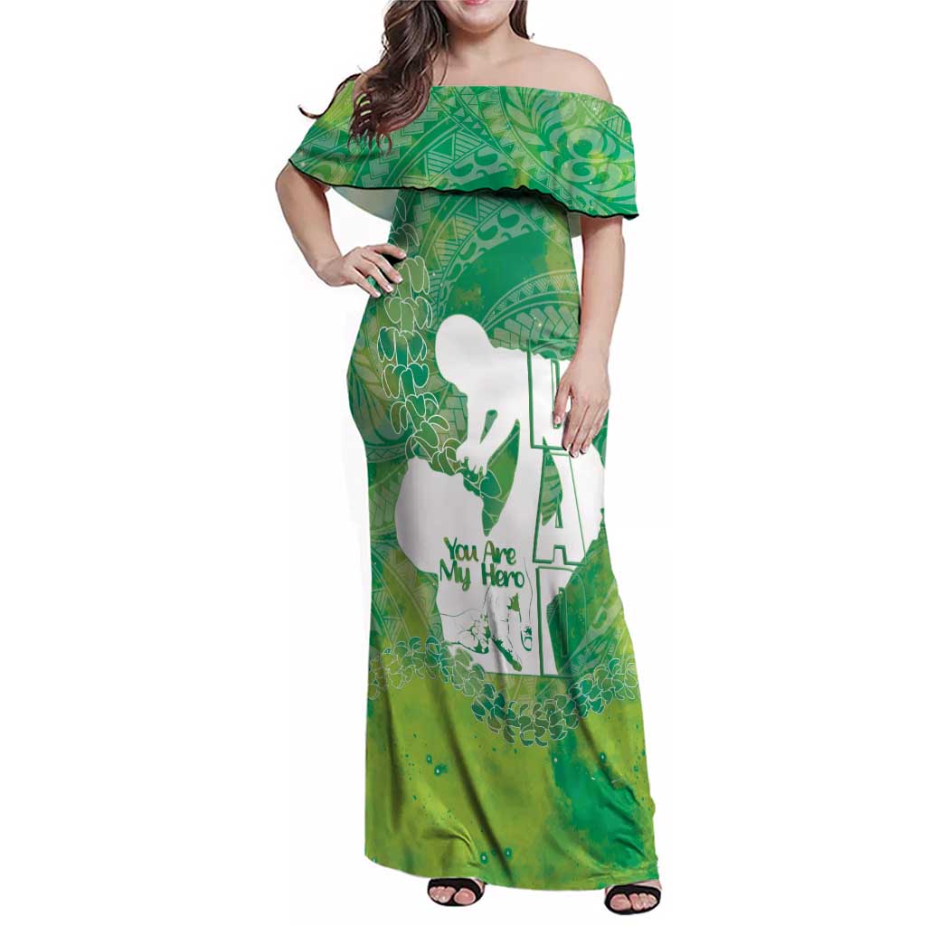Green Polynesia Father's Day Family Matching Off Shoulder Maxi Dress and Hawaiian Shirt Dad You Are My Hero LT14 Mom's Dress Green - Polynesian Pride