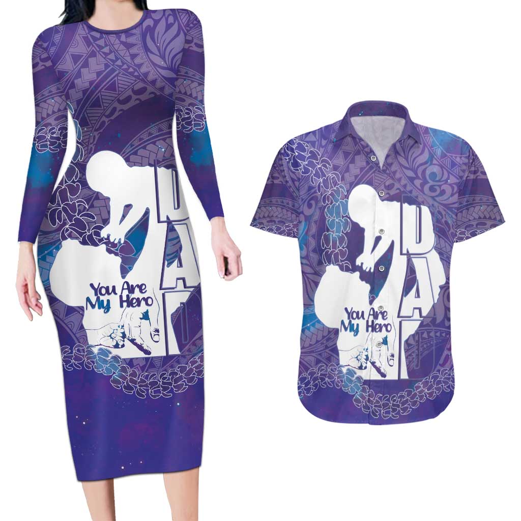 Purple Polynesia Father's Day Couples Matching Long Sleeve Bodycon Dress and Hawaiian Shirt Dad You Are My Hero LT14 Purple - Polynesian Pride