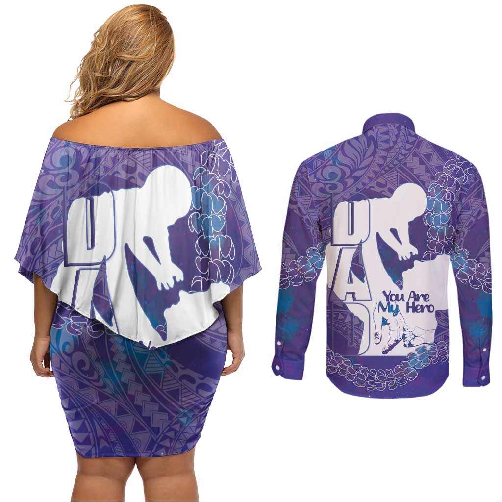 Purple Polynesia Father's Day Couples Matching Off Shoulder Short Dress and Long Sleeve Button Shirt Dad You Are My Hero LT14 - Polynesian Pride