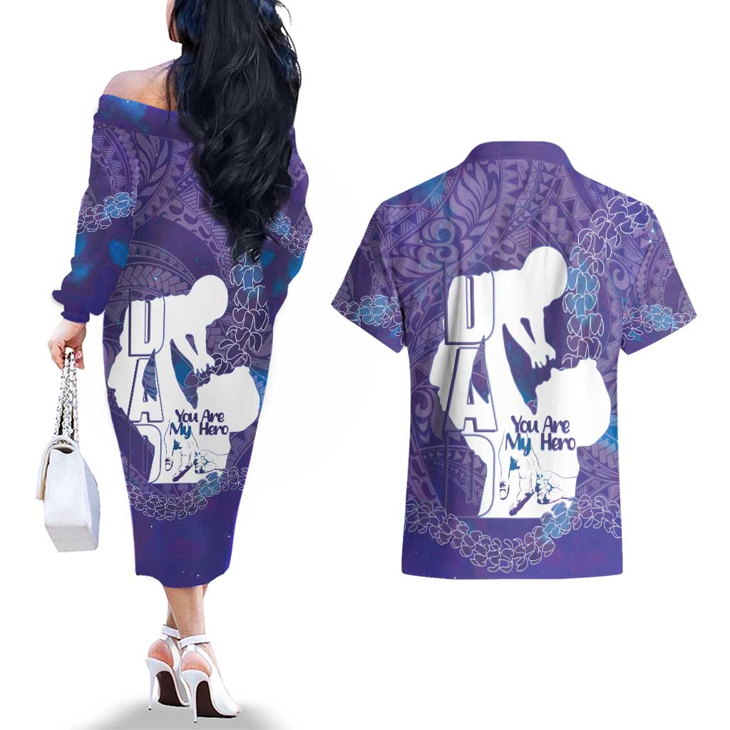 Purple Polynesia Father's Day Couples Matching Off The Shoulder Long Sleeve Dress and Hawaiian Shirt Dad You Are My Hero LT14 - Polynesian Pride