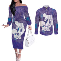 Purple Polynesia Father's Day Couples Matching Off The Shoulder Long Sleeve Dress and Long Sleeve Button Shirt Dad You Are My Hero LT14 Purple - Polynesian Pride