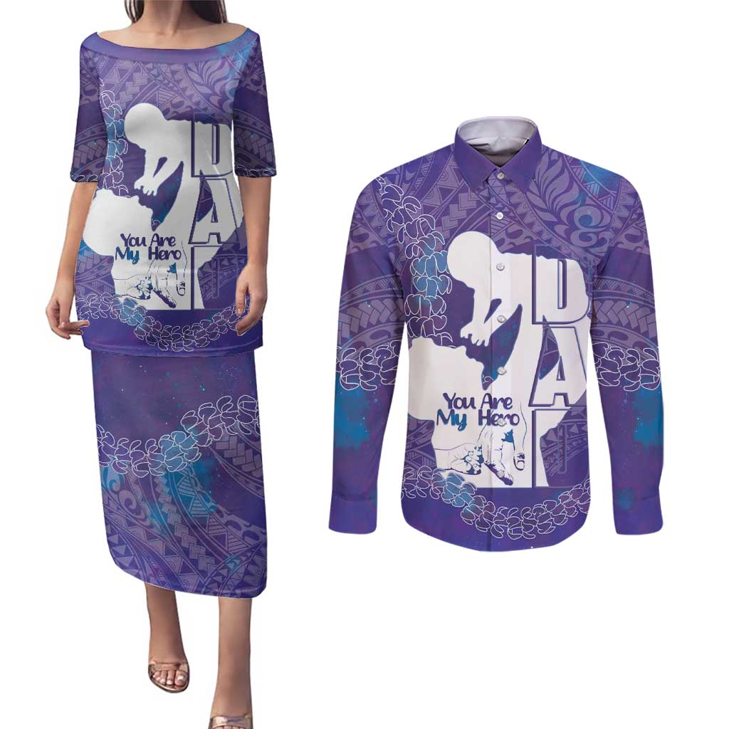Purple Polynesia Father's Day Couples Matching Puletasi and Long Sleeve Button Shirt Dad You Are My Hero