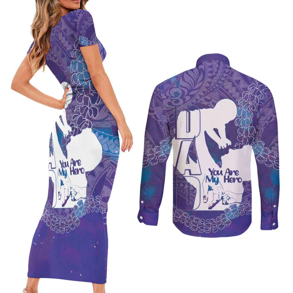 Purple Polynesia Father's Day Couples Matching Short Sleeve Bodycon Dress and Long Sleeve Button Shirt Dad You Are My Hero LT14 - Polynesian Pride