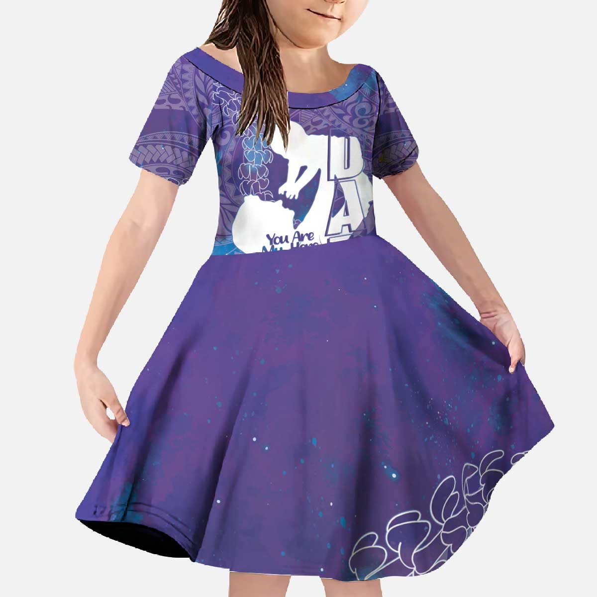 Purple Polynesia Father's Day Family Matching Off The Shoulder Long Sleeve Dress and Hawaiian Shirt Dad You Are My Hero LT14 Daughter's Dress Purple - Polynesian Pride