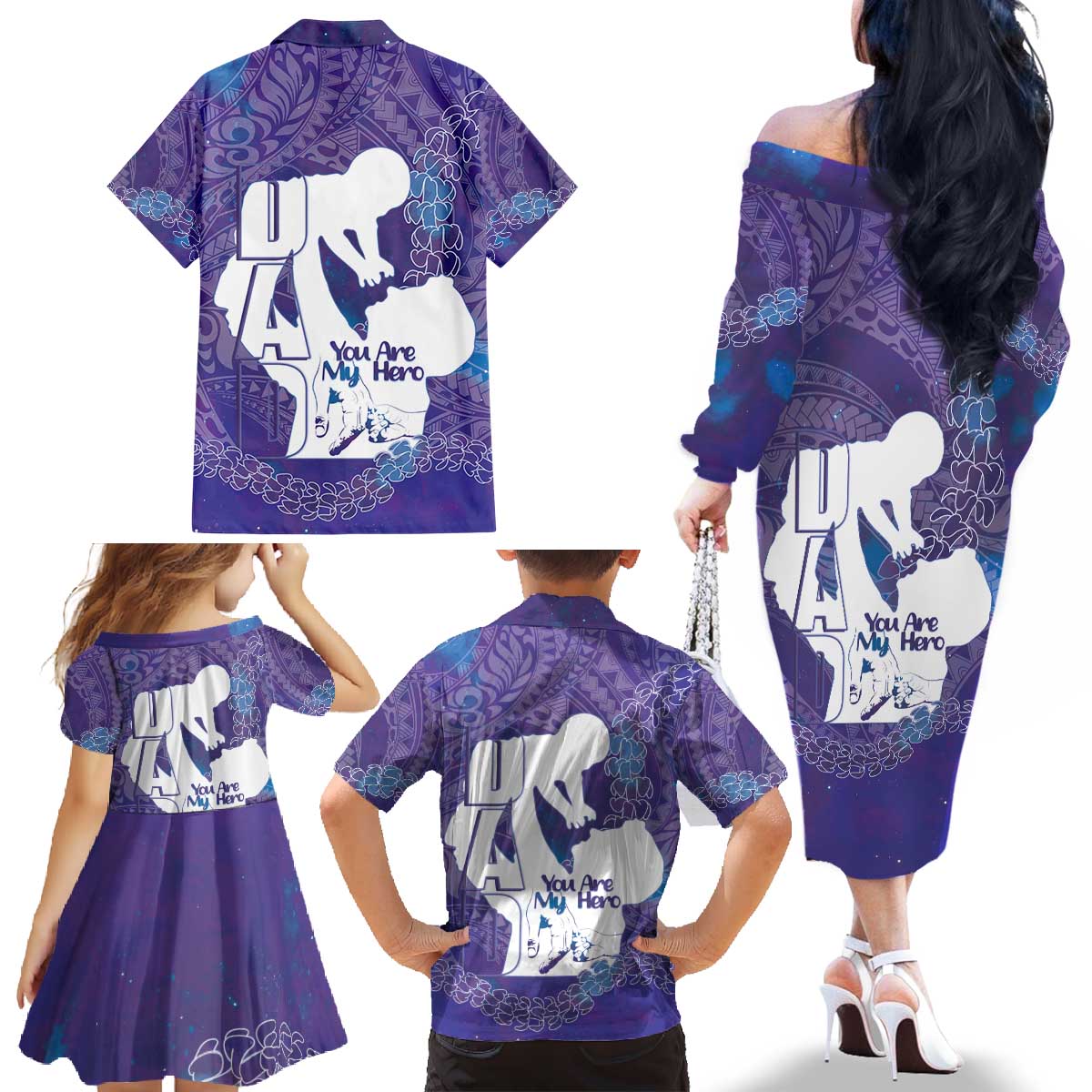 Purple Polynesia Father's Day Family Matching Off The Shoulder Long Sleeve Dress and Hawaiian Shirt Dad You Are My Hero LT14 - Polynesian Pride