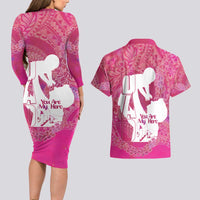 Pink Polynesia Father's Day Couples Matching Long Sleeve Bodycon Dress and Hawaiian Shirt Dad You Are My Hero LT14 - Polynesian Pride
