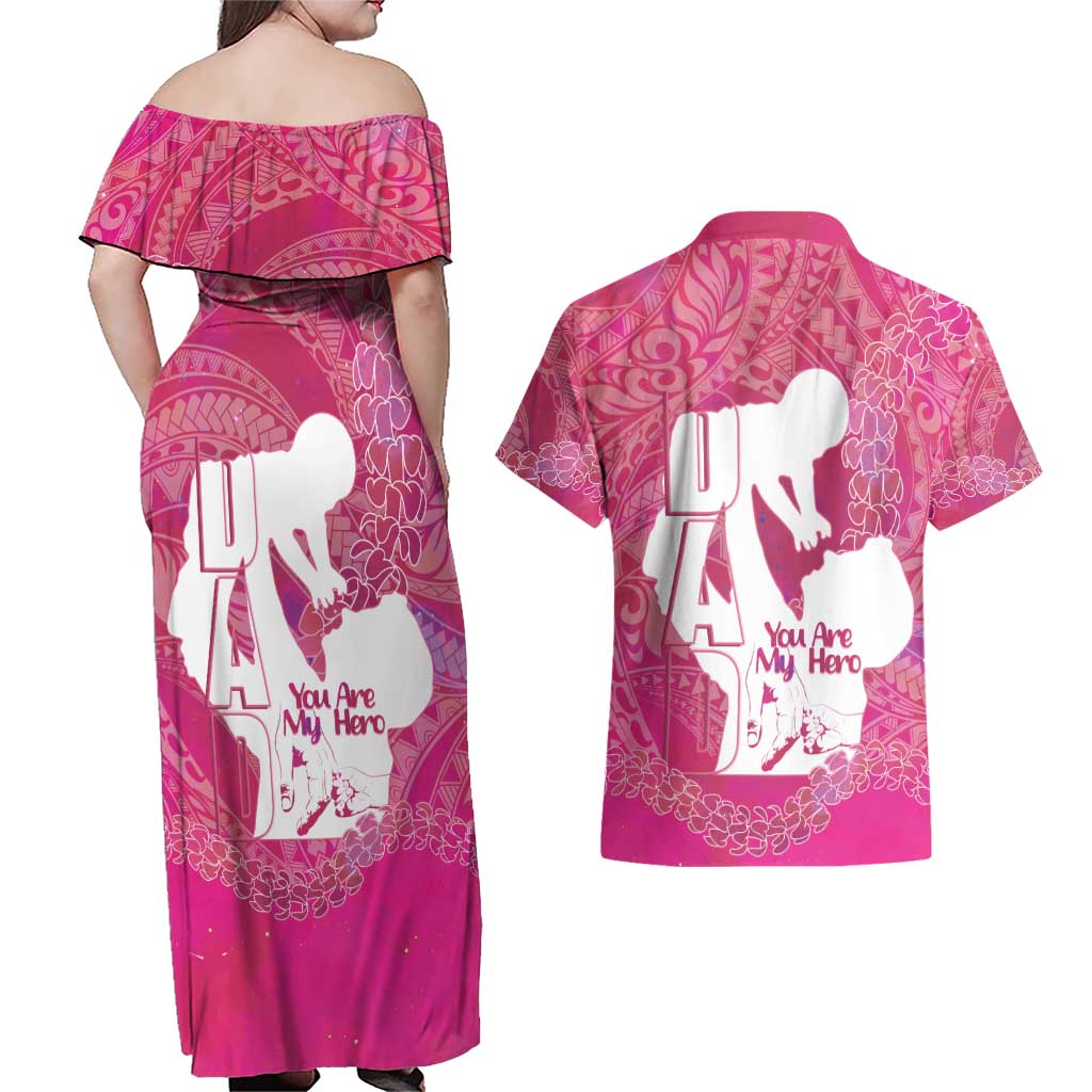 Pink Polynesia Father's Day Couples Matching Off Shoulder Maxi Dress and Hawaiian Shirt Dad You Are My Hero LT14 - Polynesian Pride
