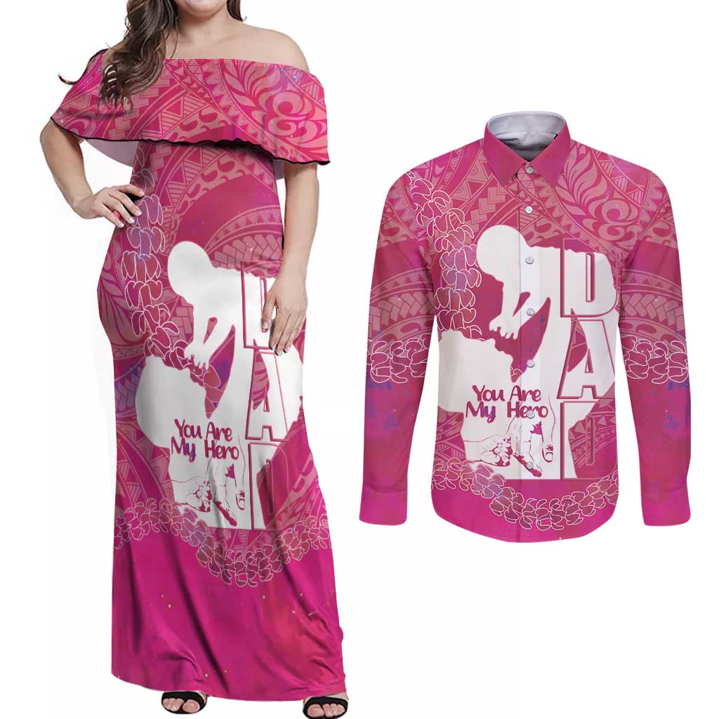 Pink Polynesia Father's Day Couples Matching Off Shoulder Maxi Dress and Long Sleeve Button Shirt Dad You Are My Hero